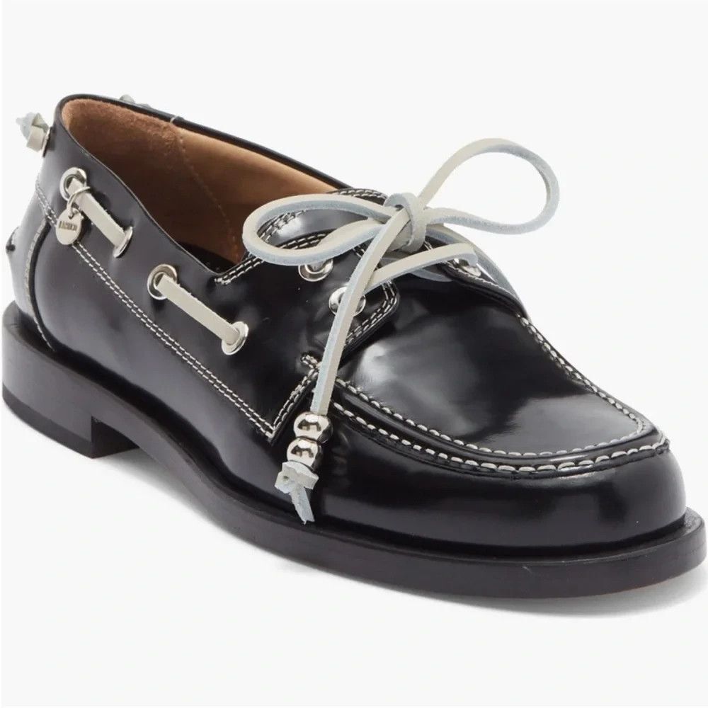 New Labucq Nelson Black Leather Boat Shoes With White Trim EU 40 = US 9.5